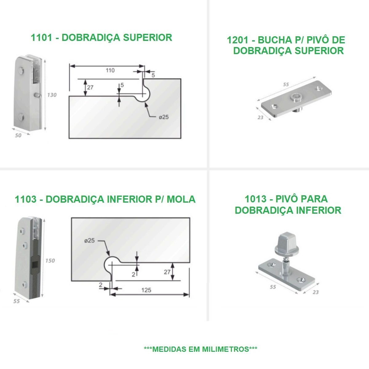 Kit dobradiças + pivôs para porta pivotante de vidro temperado blindex (Sistema tradicional opção mo - 3