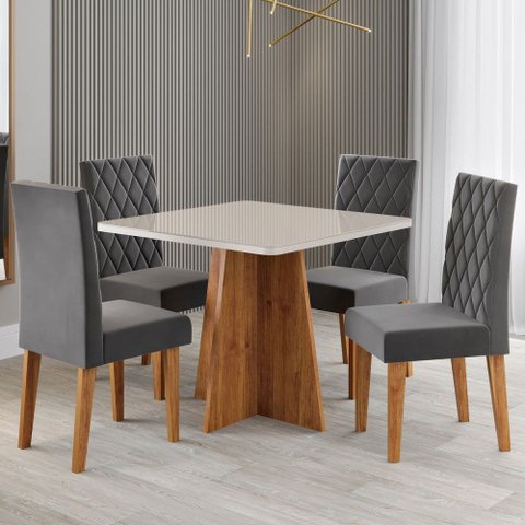 Mesa de Jantar 4 Lugares Evah com Vidro Mel/off White/veludo Cinza - Viero Móveis