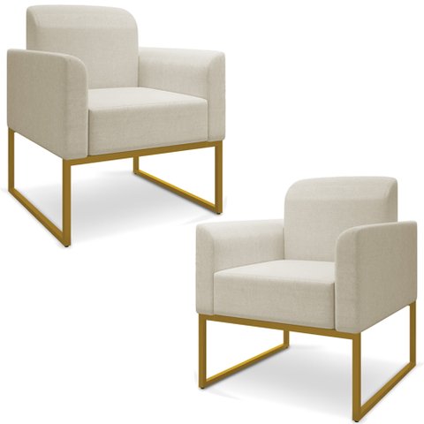 Kit 2 Poltronas Decorativas Isabella Base Industrial Linho Bege/dourado Gran Belo