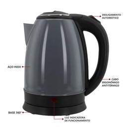 Chaleira Elétrica 1,8l em Inox Cinza 127v 1000w Rápida Fervura - 2