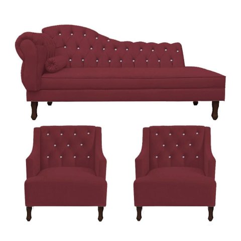 Kit Divã Cancun 185cm Braço Direito + 2 Poltronas Genesis com Strass Suede: Vinho