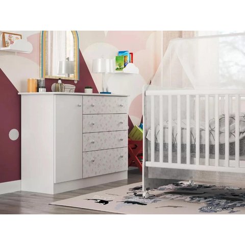 Cômoda para Bebê Rosa Espaçosa com 04 Gavetas e 1 Porta Icp