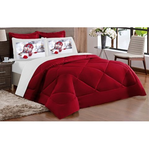Kit EdredoM dupla face Casal Queen 05 Peças Vermelho com Branco - Natal