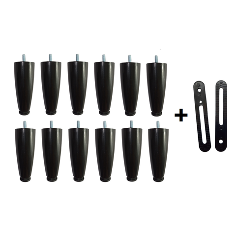 Kit 12 Pés para Cama Box ou Baú Juvene Preto 12cm com Regulagem + 2 Chapinhas de Unir Box