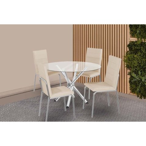 Sala de Jantar Completa Volga C/ Tampo de Vidro 95cm e 4 Cadeiras Amsterdã Cromada - Courano Bege