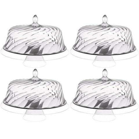 4 Boleiras com Cúpula e Pé 34cm Glassy Transparente Porta Bolo Tortas Doces Crippa