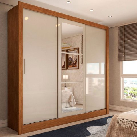 Guarda-roupa Casal Cali 3 Portas 3 Gavetas com Espelho Cinamomo/off White - Panorama Móveis