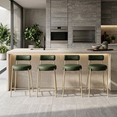 Banqueta Cozinha Média com Encosto Industrial Champanhe Kit 4 Londres PU Verde D03 - D'Rossi