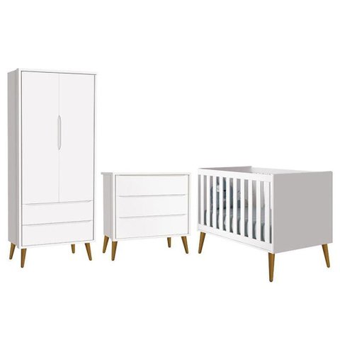 Dormitório Infantil Theo Retrô 2 Portas Cômoda e Berço Branco Fosco com Pés Amadeirado Reller M