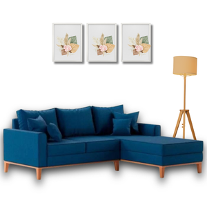 Sofá Beny com Chaise Direita, 2,00x1,40m, 3 Lugares, Linho, Base em Madeira. (azul)