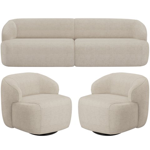 Sofá 3 Lugares Curvo Orgânico com 02 Poltronas para Sala Living 220cm Barolo L06 Linho Bege Escuro -