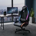 Ver imagem 1 de Cadeira Escritório Gamer Estofada Giratória Suporte Lombar e Cervical Ajuste Regulagem Luzes Led Rgb