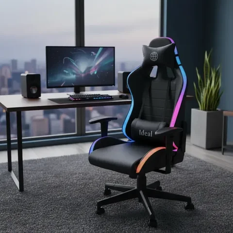 Cadeira Escritório Gamer Estofada Giratória Suporte Lombar e Cervical Ajuste Regulagem Luzes Led Rgb