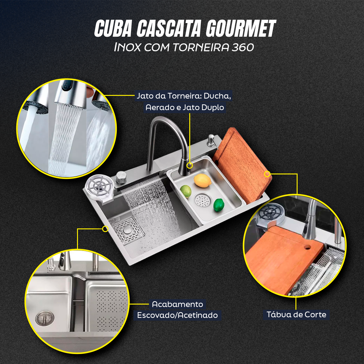 Cuba Cascata Gourmet Premium Torneira Lavador Copos Completa Aço Inoxidável 304 Brinovar - 4