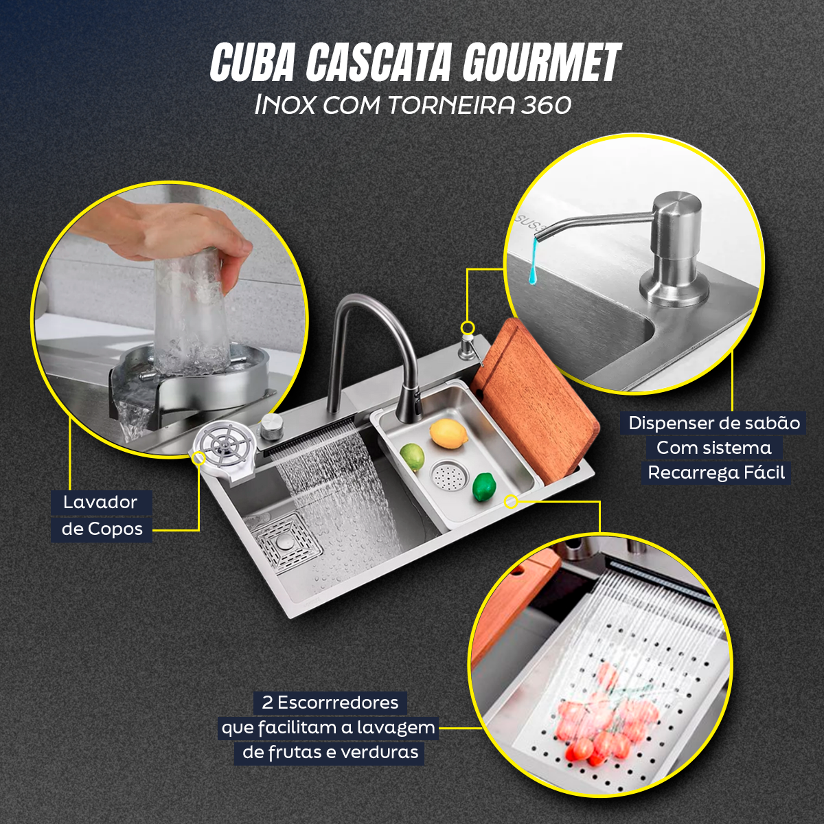 Cuba Cascata Gourmet Premium Torneira Lavador Copos Completa Aço Inoxidável 304 Brinovar - 5