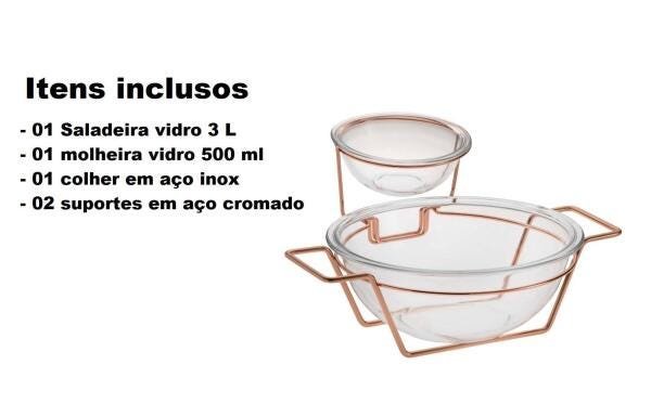 Conjunto Saladeira De Vidro Com Molheira Forma Inox Cobre - 2
