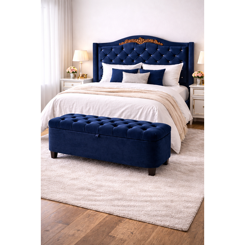 Kit de Quarto Lisboa Cabeceira de Cama Box e Calçadeira Baú Queen 160 Cm Suede Azul Marinho Eli Móve