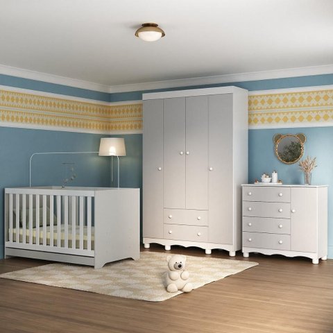 Quarto de Bebê Completo com Berço Americano 3 em 1 Dengo Multimóveis Mp4584 Branco/off White