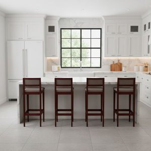 Kit 4 Banquetas Assento Encosto Estofado em Linho Hellen:imbuia com Linho Marrom