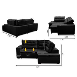 Sofá de Canto Retrátil e Reclinável com Molas 2,50x2,00 Esq Virginia Suede Preto Adonai - 2