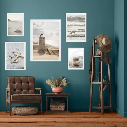 Kit 5 Quadros Praia Soft - Farol:madeira Branca