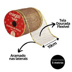 Fita Aramada Decorativa Telada Dourado Luxo 10cm X 5 Metros - Magizi - 3