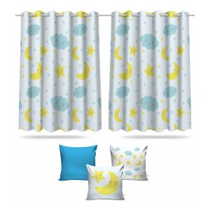 Kit Cortina + 3 Capas Almofadas Infantil Nuvem Azul Mod 05