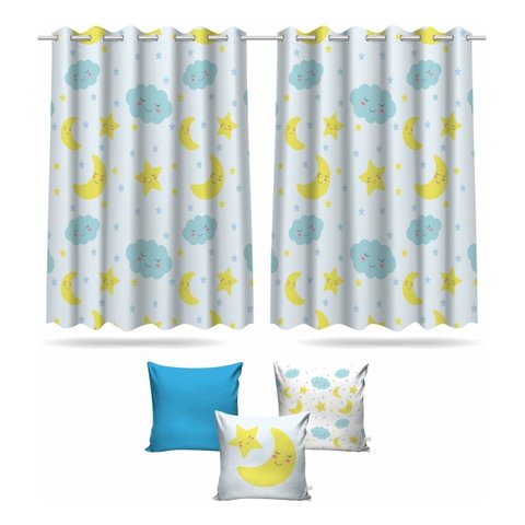 Kit Cortina + 3 Capas Almofadas Infantil Nuvem Azul Mod 05