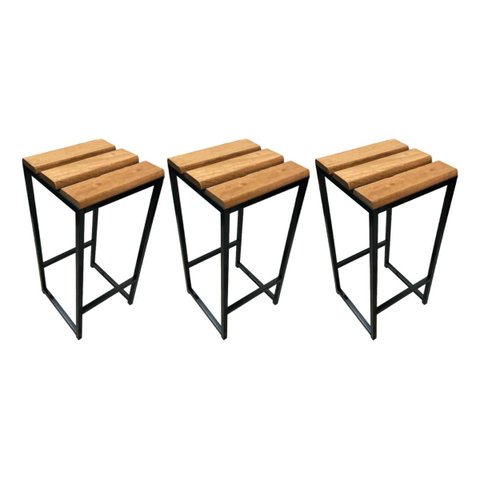 3 Tamborete Indust Quadrado Assento Madeira Natural 72,5cm Acabamento da Estrutura Pintura Cor Preto