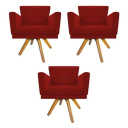 kit 03 Poltronas Dália Base Giratória de Madeira Suede Vermelho - Doce Sonho Móveis - 1
