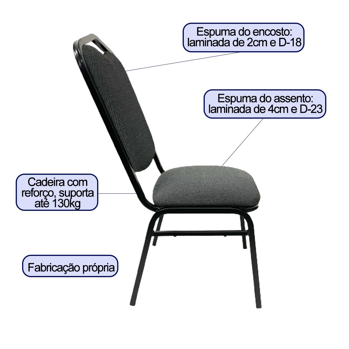 Cadeira para Hotel ou Eventos com Reforço Empilhável Cor Cinza Preto Kit 4 Unidades Poltronas do Sul - 5