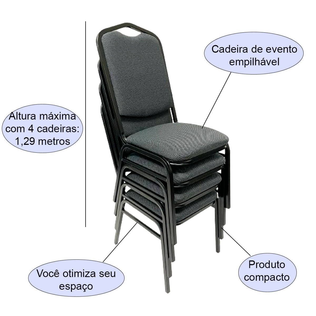 Cadeira para Hotel ou Eventos com Reforço Empilhável Cor Cinza Preto Kit 4 Unidades Poltronas do Sul - 3