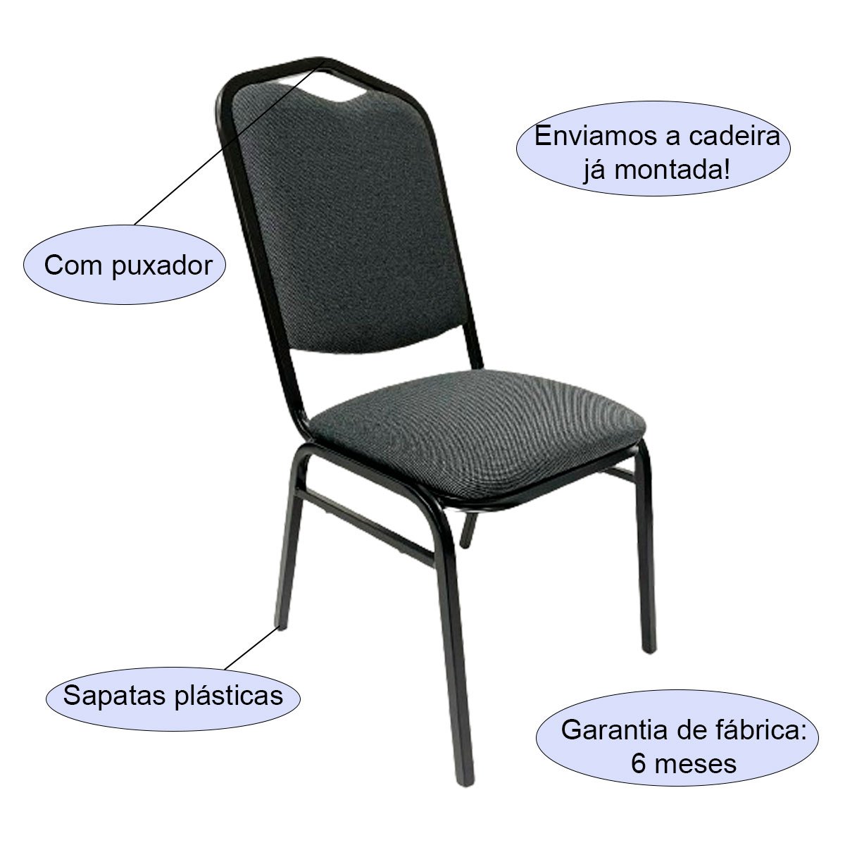 Cadeira para Hotel ou Eventos com Reforço Empilhável Cor Cinza Preto Kit 4 Unidades Poltronas do Sul - 4