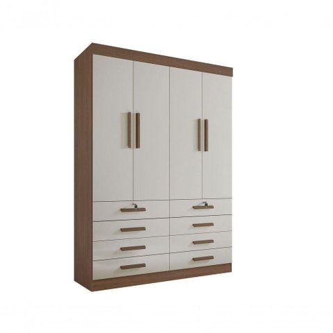 Guarda Roupa Solteiro Mônaco 4 Portas 8 Gavetas sem Pés - D' Doro Castanho/off White