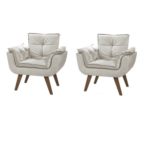 Kit 2 Poltrona Decorativa Canoa Retrô Suede Bege para Sala de Estar Luxo Escritório Quarto