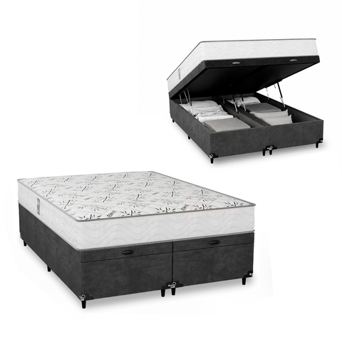 Cama Box Baú Casal Bipartido Suede Cinza + Colchão D33 One Face Branco- e-Shop Casa