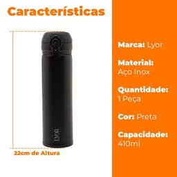 Garrafa Térmica Esportiva Parede Dupla Aço Inox Preto 410ml - Lyor - 7