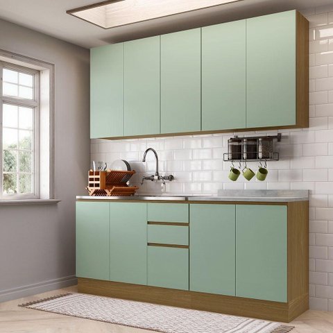 Cozinha Compacta 4 Pçs Tampo 200cm Slim Luciane Móveis Freijó-verde Jade
