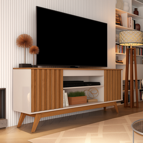 Rack Malibu Ripado 160cm 2 Portas para Tv até 65 Polegadas Offwhite com Freijó - Rede Móveis