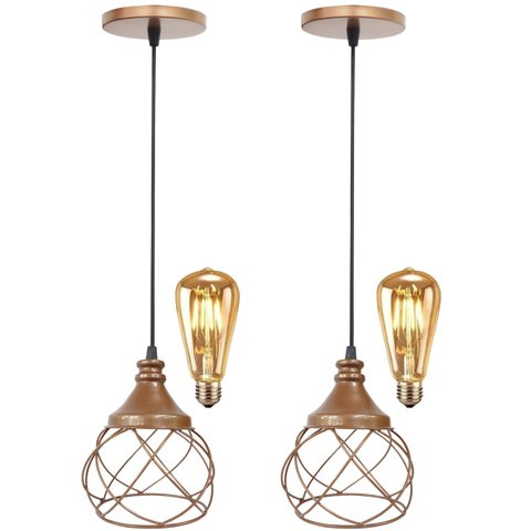 2 Pendentes Aramado Esfera Balonê Cobre Rose Gold + 2 Lâmpadas Lustre Luminária Sala Cozinha Balcão 