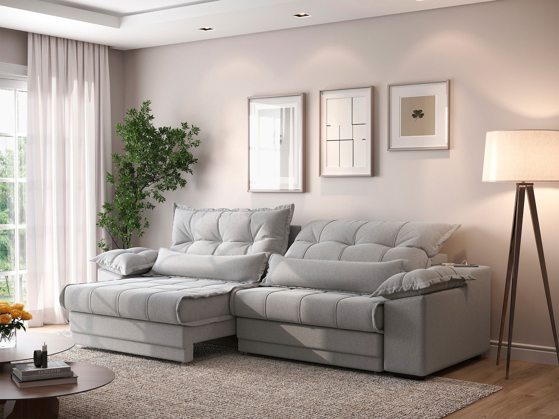 Sofá Retrátil e Reclinável com Molas Ensacadas e Carregador Usb Colosso 2,90m Linho Soft Prata -