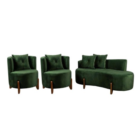 Conjunto 2 Poltronas + Sofá Curvo Orgânico Veludo Verde - Montanaris Decor