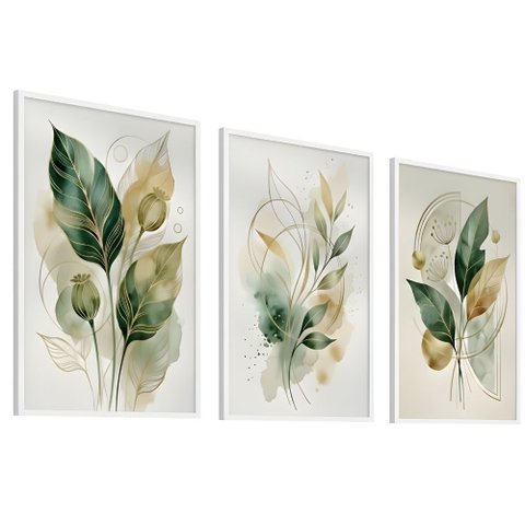Kit 3 Quadros Folhagem Verde Dourado Aquarela 60x80 Moldura:branca