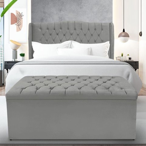 Kit Cabeceira e Calçadeira Baú Dubai Casal 140 Cm - Veludo Cinza Grafite