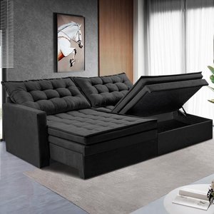Sofá sem Caixa Retrátil Baú 1,60m Cama Inbox Secret Suede Velusoft Preto