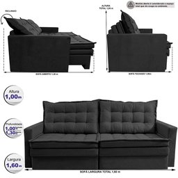 Sofá sem Caixa Retrátil Baú 1,60m Cama Inbox Secret Suede Velusoft Preto - 3