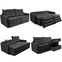Sofá sem Caixa Retrátil Baú 1,60m Cama Inbox Secret Suede Velusoft Preto - 2