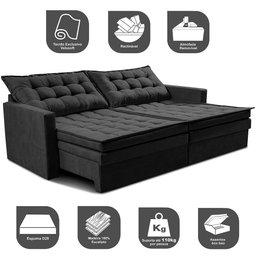 Sofá sem Caixa Retrátil Baú 1,60m Cama Inbox Secret Suede Velusoft Preto - 4