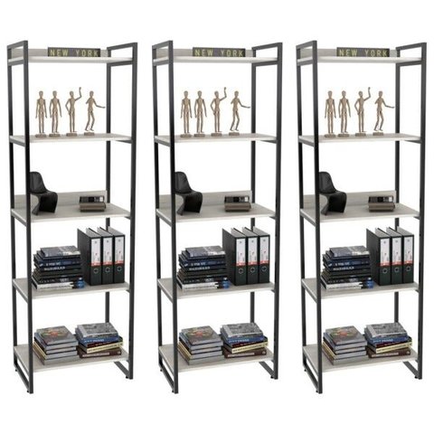 Kit 3 Estantes Livreiro Multiuso Prisma Estilo Industrial 60cm 5 Prateleiras C08 Snow - Mpozenato