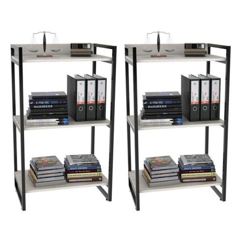 Kit 2 Estantes Livreiro Multiuso Prisma Estilo Industrial 60cm 3 Prateleiras C08 Snow - Mpozenato